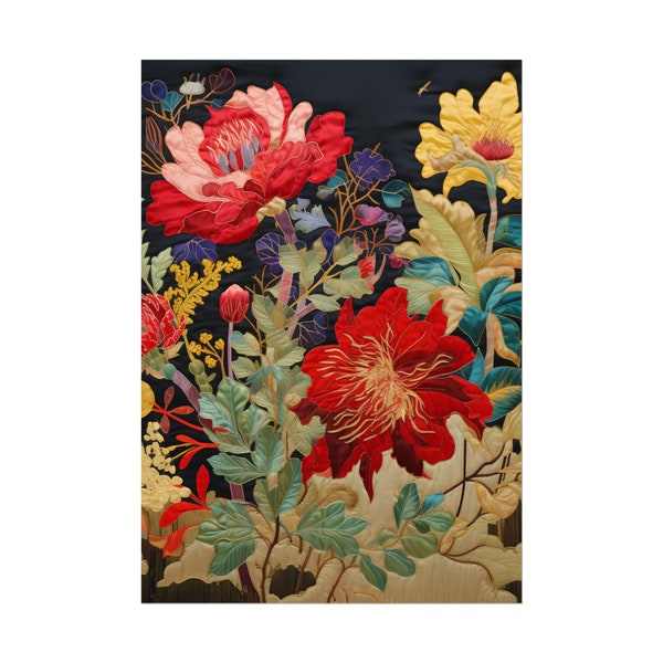 Malaysian Floral Tapestry : Patchwork Art Print Featuring the Rich Diversity of Traditional Flowers - Red Hibiscus, Yellow Rafflesia, Ixora