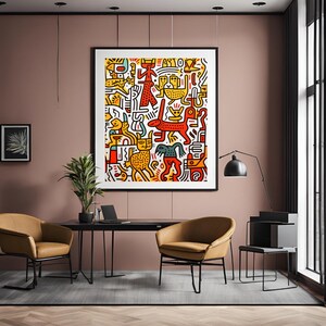 A Tribute to Keith Haring's Dynamic World"
Transform Your Space with a Burst of Energy and Color
Bring your reading nook room a piece of vibrant chaos and dynamic energy with "Vibrant Chaos: A Tribute to Keith Haring's Dynamic World." This captivating art print channels the essence of Keith Haring's iconic style, featuring bold lines, vibrant colors, and playful figures that dance across the canvas. It's not just an artwork; it's a statement piece that celebrates life, movement, and creativity.