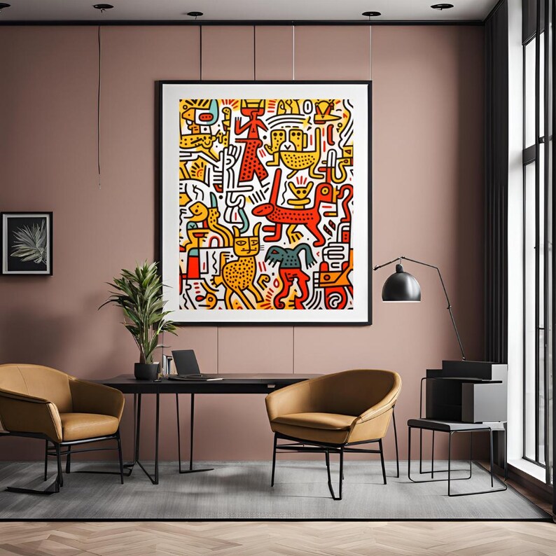 A Tribute to Keith Haring's Dynamic World"
Transform Your Space with a Burst of Energy and Color
Bring your reading nook room a piece of vibrant chaos and dynamic energy with "Vibrant Chaos: A Tribute to Keith Haring's Dynamic World." This captivating art print channels the essence of Keith Haring's iconic style, featuring bold lines, vibrant colors, and playful figures that dance across the canvas. It's not just an artwork; it's a statement piece that celebrates life, movement, and creativity.