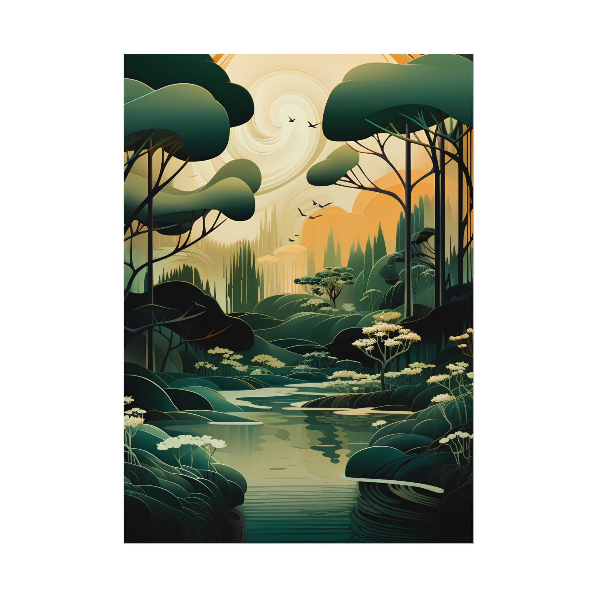 Art Deco Forest Print: Eyvind Earle Inspired Vintage Landscape