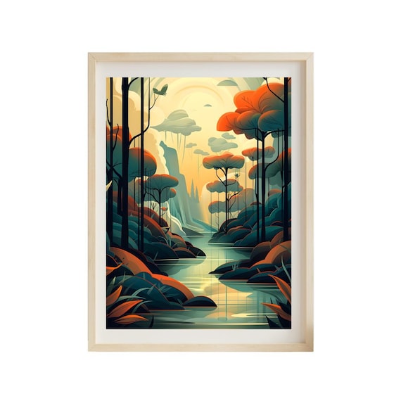 Enchanted Grove at Golden Hour A Vintage Art Deco Forest Inspired