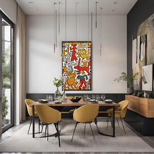 A Tribute to Keith Haring's Dynamic World"
Transform Your Space with a Burst of Energy and Color
Bring your dinner room a piece of vibrant chaos and dynamic energy with "Vibrant Chaos: A Tribute to Keith Haring's Dynamic World." This captivating art print channels the essence of Keith Haring's iconic style, featuring bold lines, vibrant colors, and playful figures that dance across the canvas. It's not just an artwork; it's a statement piece that celebrates life, movement, and creativity.