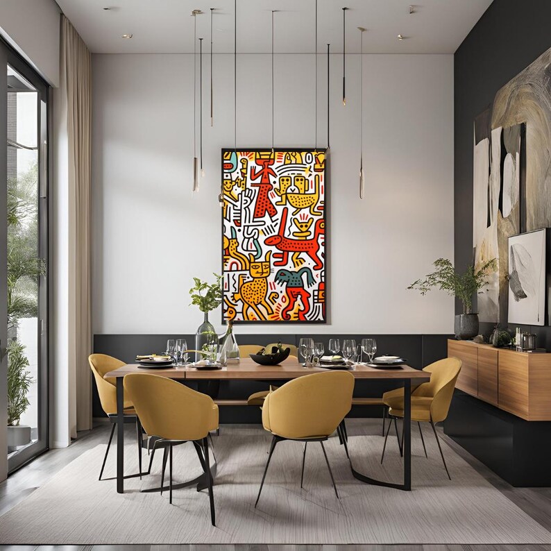 A Tribute to Keith Haring's Dynamic World"
Transform Your Space with a Burst of Energy and Color
Bring your dinner room a piece of vibrant chaos and dynamic energy with "Vibrant Chaos: A Tribute to Keith Haring's Dynamic World." This captivating art print channels the essence of Keith Haring's iconic style, featuring bold lines, vibrant colors, and playful figures that dance across the canvas. It's not just an artwork; it's a statement piece that celebrates life, movement, and creativity.