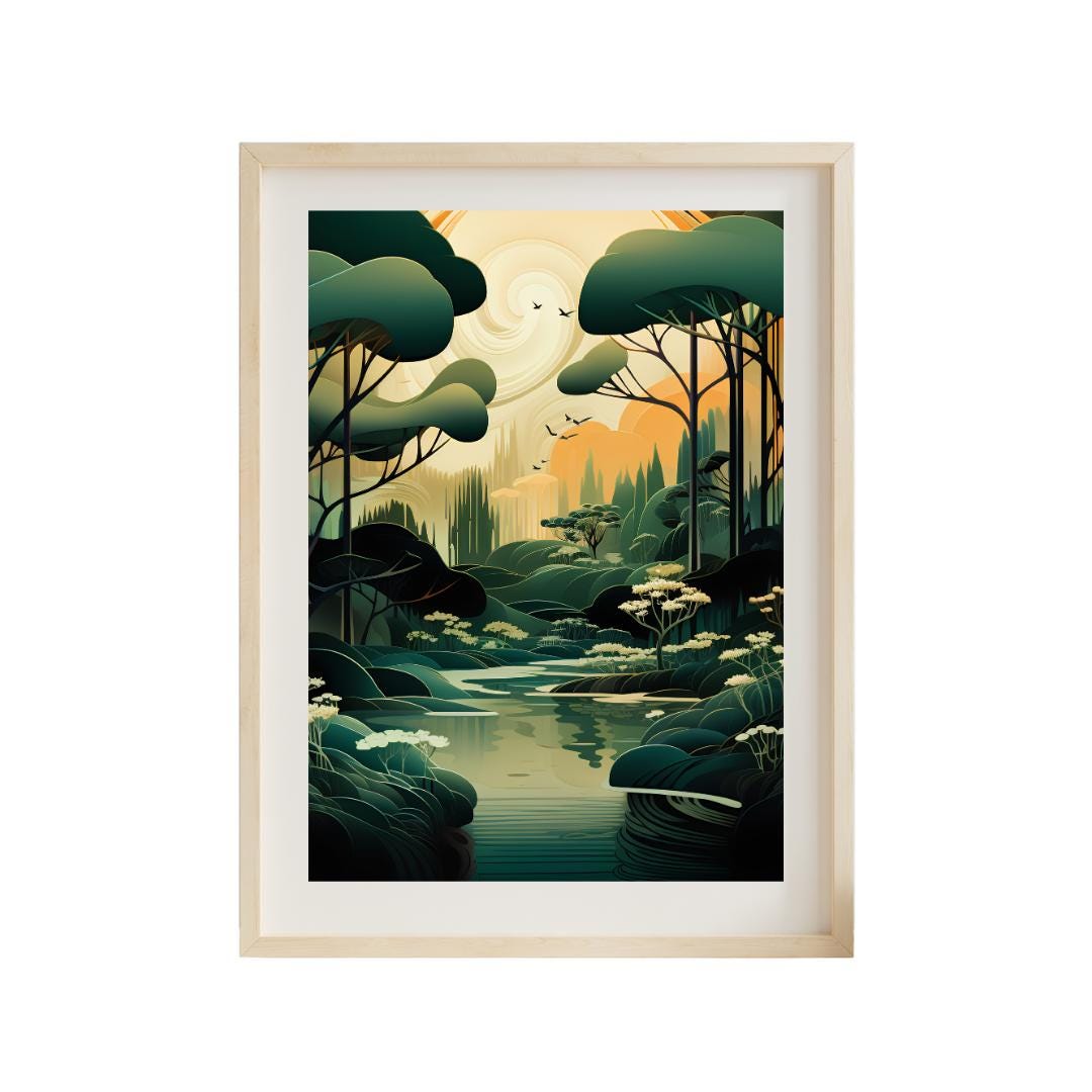 Art Deco Forest Print: Eyvind Earle Inspired Vintage Landscape