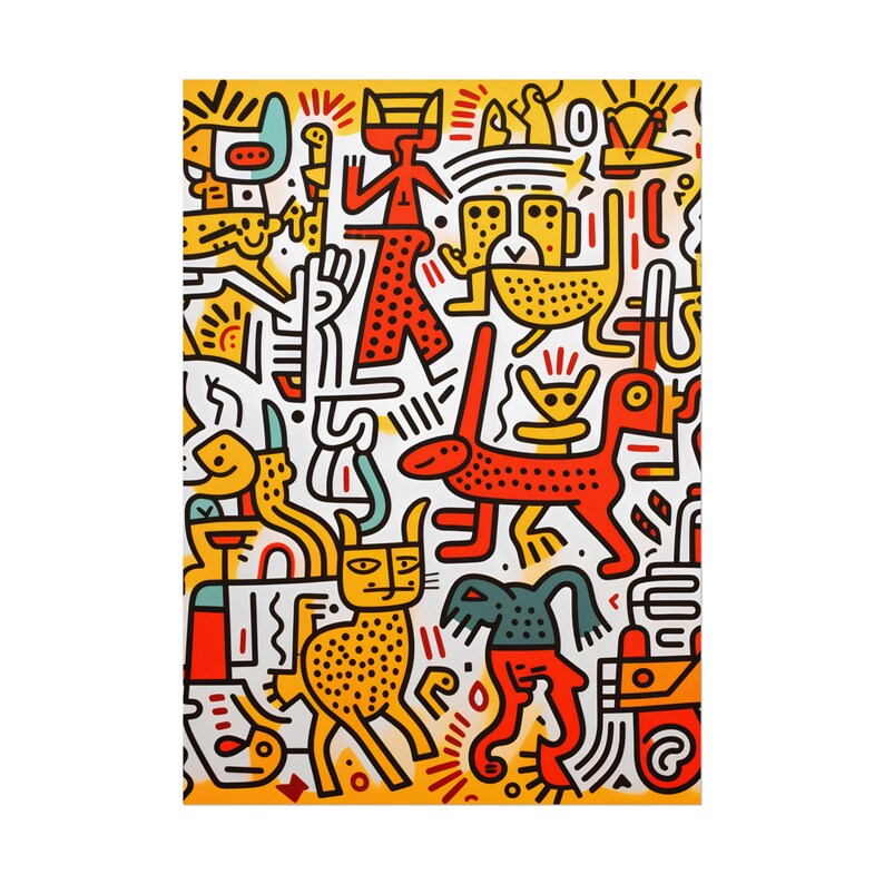 An art print  by Keith Haring's style depicts a joyful procession of stylized animals celebrating life and movement.Hanging on a house wall, the print creates a visually engaging display that radiates energy, positivity, and a sense of joy.