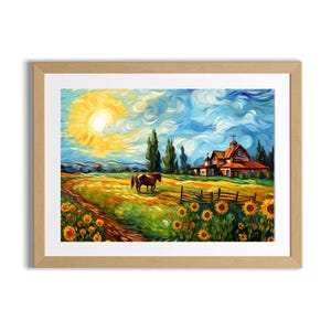 Puede incluir: Una pintura de un paisaje rural con una granja, un caballo y girasoles en primer plano. El cielo es de un azul vibrante con nubes arremolinadas y un sol amarillo brillante. La granja es un edificio de ladrillo rojo con un techo blanco y una chimenea. El caballo es marrón y camina por un sendero. Los girasoles son amarillos y están en plena floración.