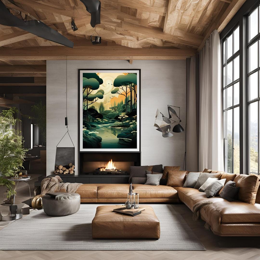 Art Deco Forest Print: Eyvind Earle Inspired Vintage Landscape