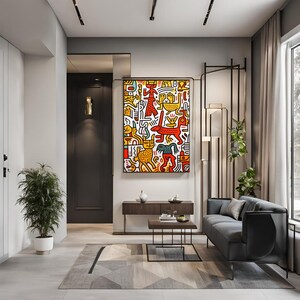 A Tribute to Keith Haring's Dynamic World"
Transform Your Space with a Burst of Energy and Color
Bring your entrance home a piece of vibrant chaos and dynamic energy with "Vibrant Chaos: A Tribute to Keith Haring's Dynamic World." This captivating art print channels the essence of Keith Haring's iconic style, featuring bold lines, vibrant colors, and playful figures that dance across the canvas. It's not just an artwork; it's a statement piece that celebrates life, movement, and creativity.