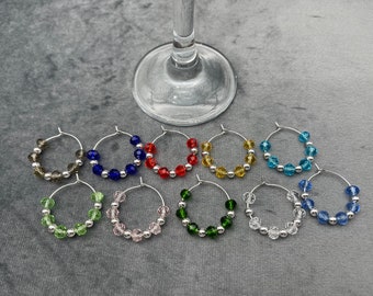 Wine Glass Charms – Set of 10, Colourful Glass Beads with Silver Round Beads - Wine Charms, Wine Glass Charms