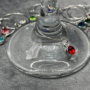 May include: A close-up of a wine glass with several silver wine charms. One charm is attached to the glass and features a red gemstone. Other charms have blue, green, and pink gemstones.