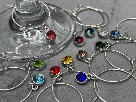Gemstone Wine Glass Charms with Silver Plated Rings, Set of 12
