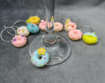 Donuts Wine Glass Charms with Silver Plated Ring, Set of 10