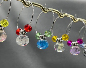 Bauble with Hexagon Confetti Wine Glass Charms with Colourful Round Beads, Set of 9