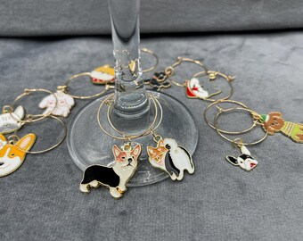 Dog Wine Glass Charms with Gold Plated Ring, Set of 10