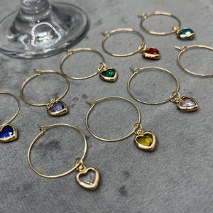 Heart Wine Glass Charms: Gold Plated Rings, Colourful Beads - Set of 9