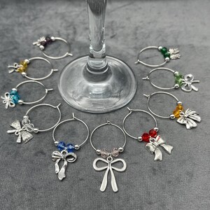 Wine Glass Charms – Set of 10, Silver Ribbons with Colourful Beads - Wine Charms, Glass Identifiers