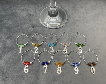Wine Glass Charms – Set of 10, Number Charms with Colourful Glass Beads - Wine Charms, Glass Identifiers