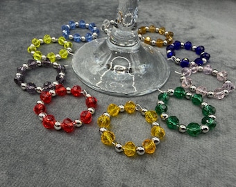 Colourful Beaded Wine Glass Charms with Silver Plated Ring and Beads, Set of 10