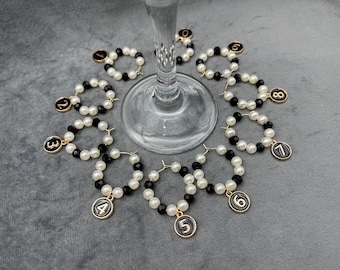 Number Wine Glass Charms with Black and White beads, Set of 10