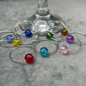 Wine Glass Charms – Set of 10, Colourful Glass Round Beads with Silver Plated Ring - Wine Charms, Wine Glass Charms