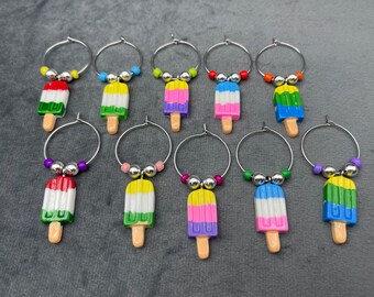 Wine Glass Charms – Set of 10, Ice Lolly with Silver Plated and Contrasted Colour Beads - Wine Charms, Glass Identifiers
