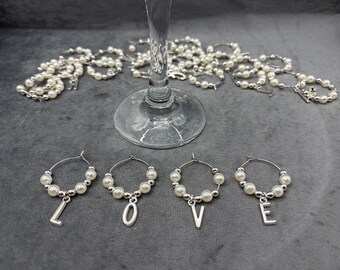 Initial Wine Glass Charms with Silver & Ivory Beaded Alphabet, set of 26