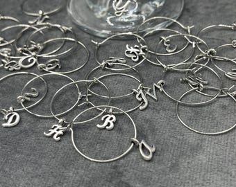 Initial Wine Glass Charms with Silver Plated Ring, Set of 26
