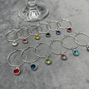 May include: A collection of silver wine glass charms with colorful gemstone pendants. The charms are arranged around the base of a wine glass. Each charm features a different colored gemstone, including red, blue, green, and pink.