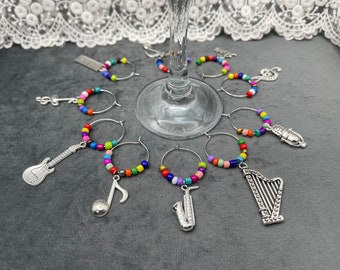 Wine Glass Charms – Set of 10, Musical Instruments Charms with Colourful Rainbow Glass Beads - Wine Charms, Glass Identifiers