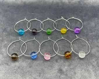 Wine Glass Charms – Set of 10, Colourful Glass Round Beads with Silver Plated Ring - Wine Charms, Wine Glass Charms