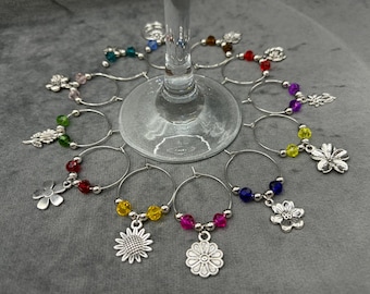 Flowers Wine Glass Charms  with Colourful Glass Beads, Set of 12