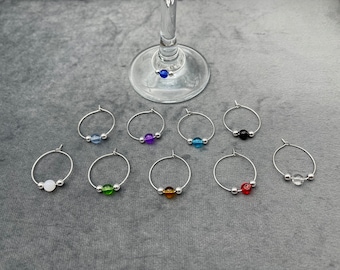 Wine Glass Charms – set of 10, Colourful round beads with silver-plated beads - Wine Glass Charms, Glass Markers, Glass Identifiers