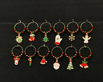 Wine Glass Charms – Set of 12, Christmas Decor with Red and Green Beads - Wine Charms, Glass Identifiers