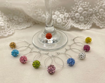 Wine Glass Charms – Set of 10, Colourful Crystal Paved Clay Disco Ball with Silver Plated Ring - Wine Charms, Wine Glass Charms