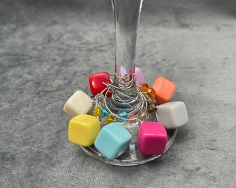 Wine Glass Charms – Set of 8, Sugar Cube with Matching Glass Beads - Wine Charms, Glass Identifiers