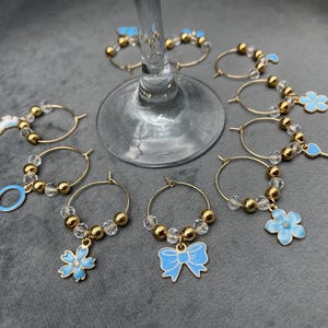 Blue & Gold Wine Glass Charms: Beaded Glass Identifiers, Set of 10