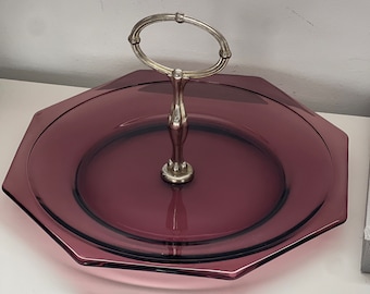 Amethyst Colored Glass Plate with Silver Handle