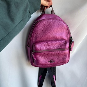 Peut inclure: Un petit sac à dos fuchsia métallique avec une poche avant zippée et des bretelles noires. Le sac à dos a une poignée supérieure et un petit logo sur le devant. Le sac est tenu par une personne.