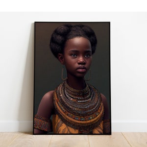 Może przedstawiać: Portret młodej osoby o ciemnej skórze, noszącej naszyjnik i kolczyki z koralików. Osoba ma ciemnobrązowe włosy w stylu afro i patrzy w prawo od ramki.