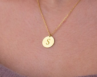 14K Solid Gold Initial Necklace, Personalized Disc Necklace, Custom Coin Necklace, Dainty Initial Disc Necklace, Birthday Gift for Her