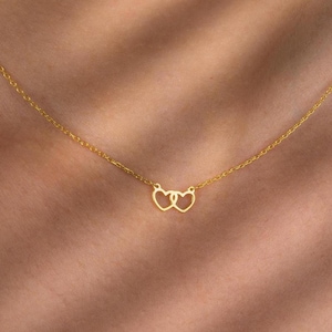 Dainty Linked Heart Necklace – Minimalist 14k Gold Intertwined Double Hearts Pendant, Connected Two Heart Jewelry Gifts for Women