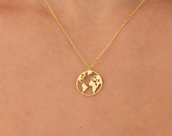 14K Gold Globe Necklace, Minimalist Earth Necklace, Dainty World Pendant, Modern World Map Pendant, 925 Sterling Silver Christmas Gifts
