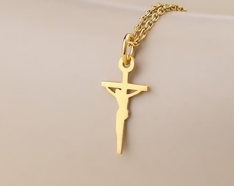 Collar con crucifijo de oro de 14 quilates, collar con cruz de oro para mujer, joyería minimalista cristiana, delicado colgante con dije de Jesús