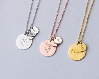 14K Gold Disc Necklace with Initial Tags, Personalized Disc Necklace, Custom Coin Necklace, Birthday Gift for Her, Anniversary, Gift for Mom