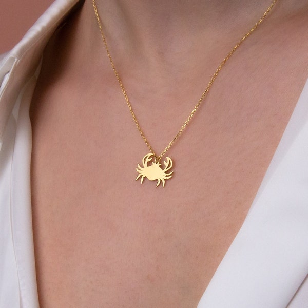 14K Gold Cancer Necklace, Minimalist Crab Necklace, Dainty Zodiac Necklace, Astrology Birthday Gift for Her, Gift for Mom, Solid Gold