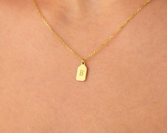 Zierliche Halskette mit Initialenanhänger aus 14K-Gold, personalisierte Halskette mit vertikalem Balken, Halskette mit Gravur, Geburtstagsgeschenk für Sie, Jubiläumsgeschenk