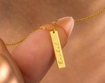 14k Gold Personalized Vertical Bar Necklace, Custom Nameplate Necklace, Minimalist Name Necklace for Women, Customized Initial Necklace Gift