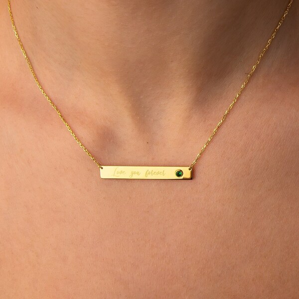 14K Solid Gold Bar Name Necklace with Birthstone, Dainty Birthstone Bar Necklace, Personalized Birthday Gift for Her, Mother's Day Gift