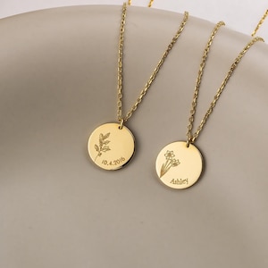 Collar con nombre y flor de nacimiento en oro de 14 k: colgante de disco personalizado de oro macizo con fecha, regalo de cumpleaños hecho a mano para ella, flor del mes de nacimiento