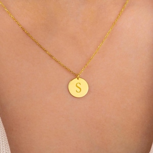 14K Solid Gold Initial Necklace, Personalized Disc Necklace, Custom Coin Necklace, Dainty Initial Disc Necklace, Birthday Gift for Her